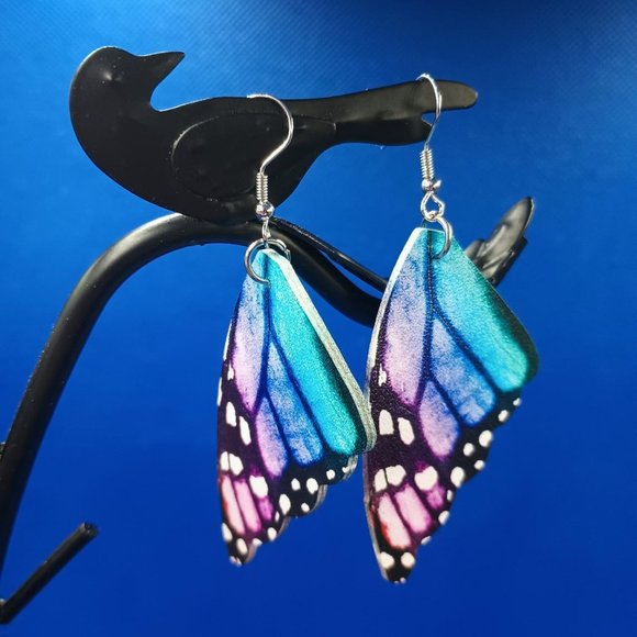 Vegan Leather Blue/Pink Butterfly Wing Earrings. - Picture 2 of 4